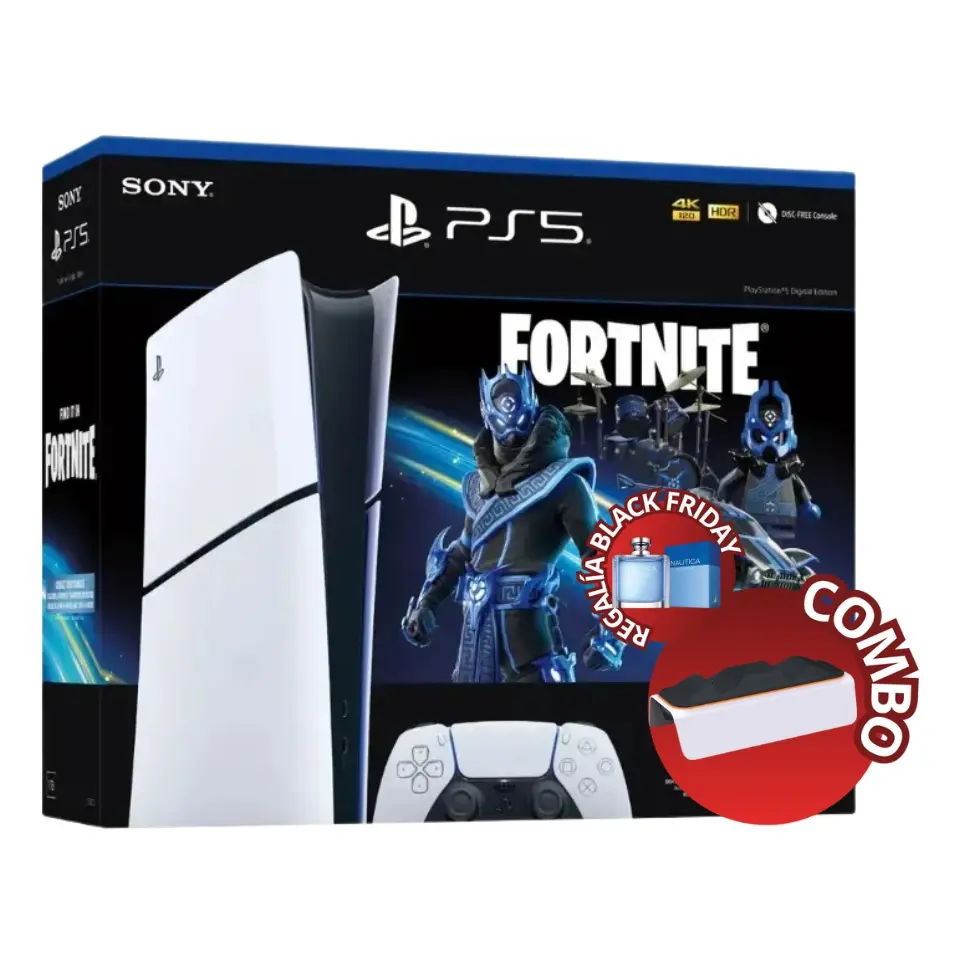 Combo Consola PlayStation 5 Slim 1TB - Fortnite - Formato Digital + Base de Carga DOBE para Controles PlayStation 5 DualSense Blanca TP5-0521